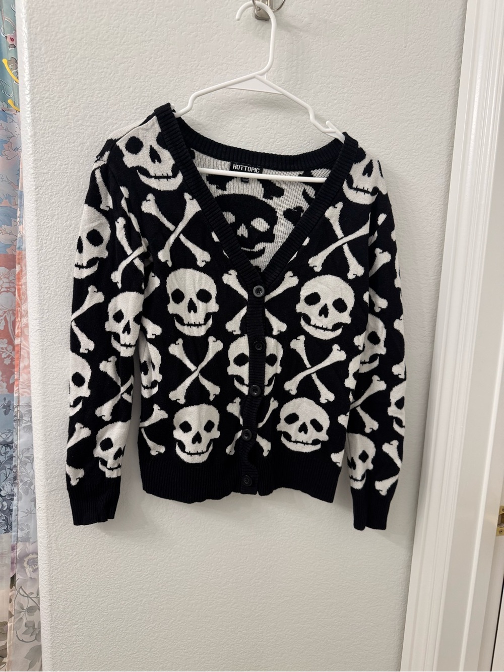 Hot Topic Black & White Skull Crossbones Cardigan Sweater XS